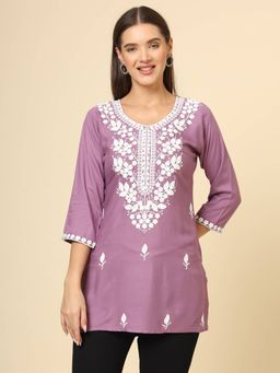 VAIRAGEE - Lavender Rayon Lucknowi Chickankari Work Kurti