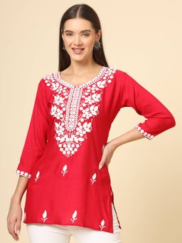 VAIRAGEE - Red Rayon Lucknowi Chickankari Work Kurti