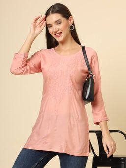 VAIRAGEE - Peach Rayon Lucknowi Chickankari Work Kurti