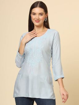 VAIRAGEE - Blue Rayon Lucknowi Chickankari Work Kurti