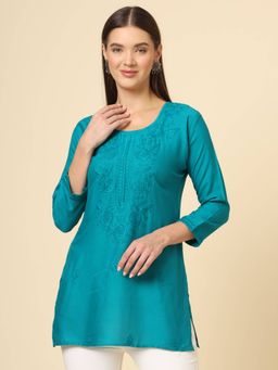 VAIRAGEE - Blue Rayon Lucknowi Chickankari Work Kurti