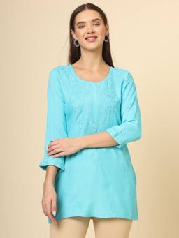VAIRAGEE - Blue Rayon Lucknowi Chickankari Work Kurti