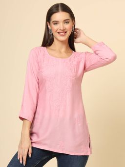 VAIRAGEE - Pink Rayon Lucknowi Chickankari Work Kurti
