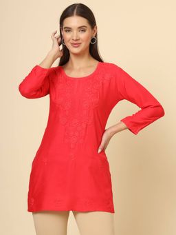 VAIRAGEE - Red Rayon Lucknowi Chickankari Work Kurti