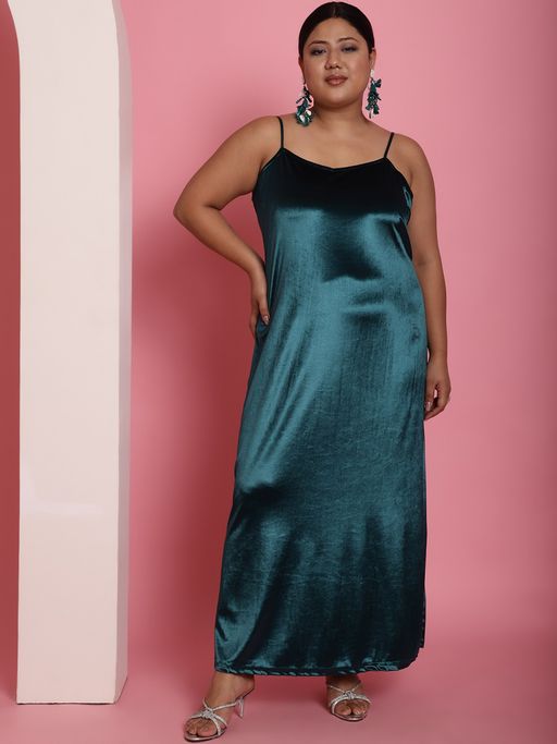 Buy theRebelinme Plus Size Womens Teal Solid Color Velvet Maxi Dress Online