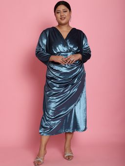 theRebelinme - Plus Size Womens Blue Solid Color Velvet A-Line Midi Dress