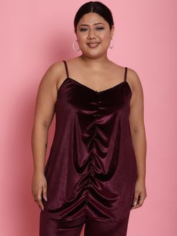 theRebelinme - Plus Size Womens Plum Solid Color Velvet Straps Gathered Top