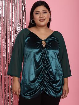 theRebelinme - Plus Size Womens Teal Solid Color Velvet Pleated Top