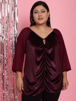 theRebelinme - Plus Size Womens Plum Solid Color Velvet Pleated Top