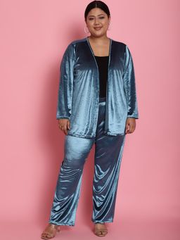 theRebelinme - Plus Size Womens Blue Solid Color Velvet Shrug with Trousers (Set of 2)