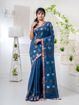 CHARUKRITI - Teal Linen Handwoven Soft Saree with Zari Border with Unstitched Blouse