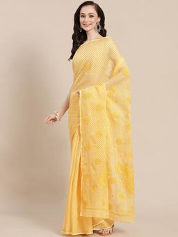 ADA - Hand Embroidered Yellow Kota Traditional Lucknow Chikan Saree with Unstitched Blouse A311354