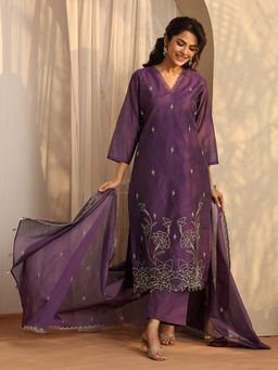 Libas - Floral Silk Blend Straight Kurta with Pant and Dupatta