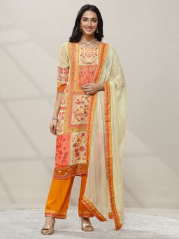 Libas - Floral Printed Organza Straight Kurta with Pant and Dupatta