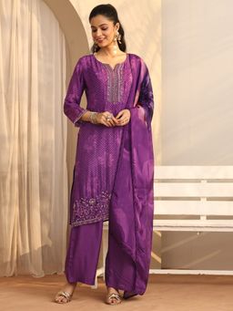 Libas Art - Floral Printed Silk Blend Straight Kurta With Palazzo And Dupatta