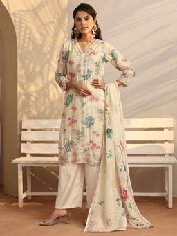 Libas Art - Floral Printed Silk Blend Straight Kurta With Palazzo And Dupatta