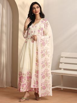 Libas - Floral Printed Cotton Blend Anarkali Kurta And Pant With Dupatta