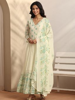 Libas - Floral Printed Cotton Blend Anarkali Kurta And Pant With Dupatta