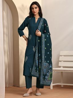 Libas - Embroidered Cotton Blend Straight Kurta with Pant and Dupatta