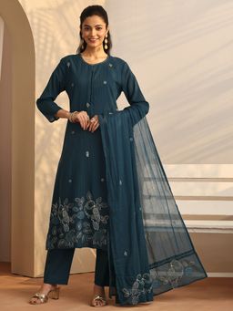 Libas - Floral Cotton Blend Straight Kurta with Pant and Dupatta