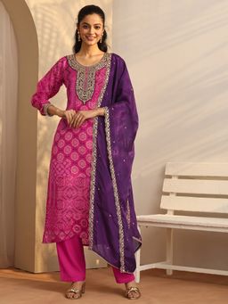 Libas - Printed Organza Straight Kurta with Pant and Dupatta
