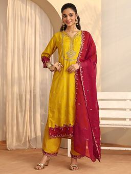 Libas - Embroidered Silk Blend Straight Kurta with Pant and Dupatta