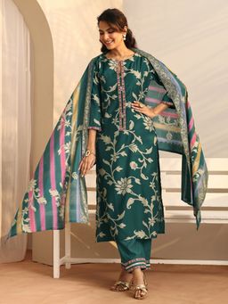 Libas - Floral Printed Silk Blend Straight Kurta with Pant and Dupatta
