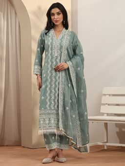 Libas - Embroidered Cotton Blend Straight Kurta with Pant and Dupatta