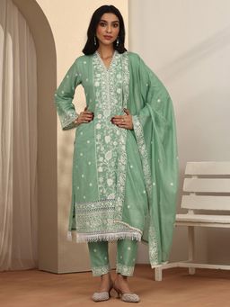 Libas - Embroidered Cotton Blend Straight Kurta with Pant and Dupatta