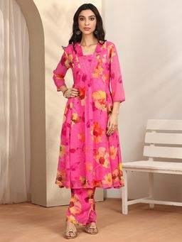 Libas - Floral Printed Poly Chiffon A-Line Kurta With Pant