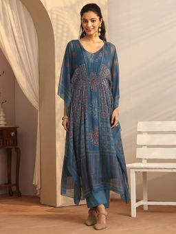 Libas - Floral Printed Poly Chiffon A-Line Kaftan Kurta And Pant With Inner