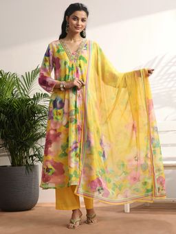 Libas - Floral Printed Poly Chiffon A-Line Kurta with Pant and Dupatta