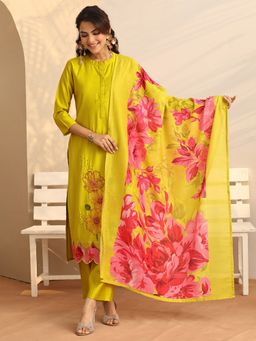 Libas - Floral Silk Blend Straight Kurta with Pant and Dupatta