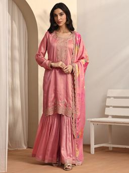 Libas - Embroidered Silk Blend Straight Kurta With Sharara And Dupatta