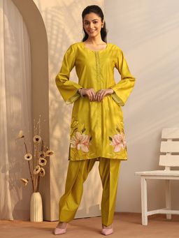 Libas - Floral Silk Blend Straight Kurta With Salwar