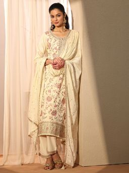 Libas - Floral Silk Blend Straight Kurta with Pant and Dupatta