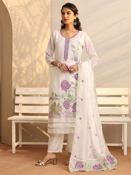 Libas - Floral Organza Straight Kurta with Pant and Dupatta