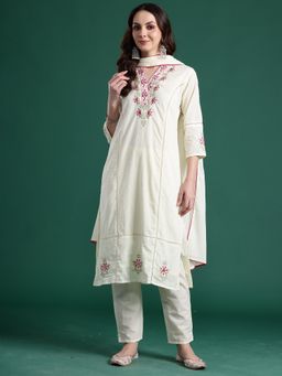 Indo Era - Off White Floral Straight Kurta With Pant And Dupatta
