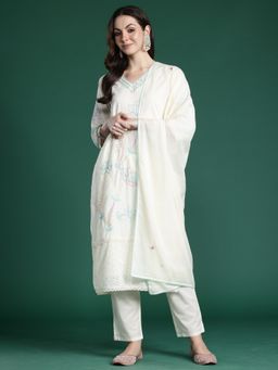 Indo Era - Off White Embroidered Straight Kurta With Pant And Dupatta