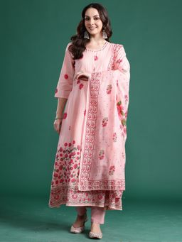 Indo Era - Peach Floral Printed Anarkali Kurta with Pant and Dupatta
