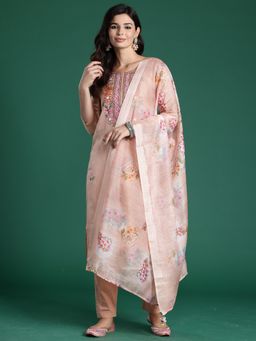 Indo Era - Peach Floral Straight Kurta With Pant And Dupatta