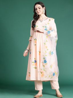 Indo Era - Peach Floral Straight Kurta With Pant And Dupatta