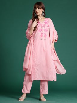 Indo Era - Pink Floral Straight Kurta With Pant And Dupatta