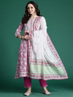Indo Era - Pink Printed Straight Kurta With Pant And Dupatta