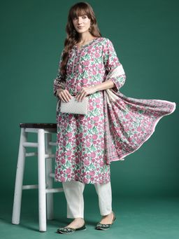Indo Era - Pink Floral Printed Straight Kurta With Pant And Dupatta