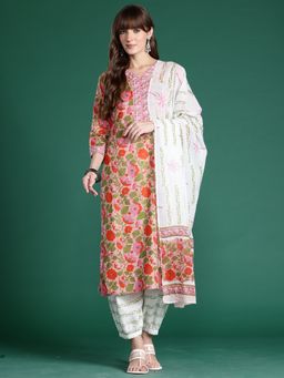 Indo Era - Multi-Color Floral Printed Straight Kurta With Salwar And Dupatta