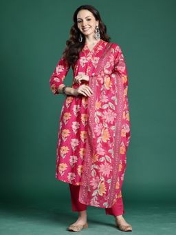 Indo Era - Pink Floral Printed A-Line Kurta With Pant And Dupatta