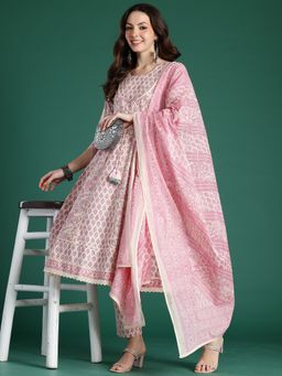 Indo Era - Pink Printed A-Line Kurta With Pant And Dupatta
