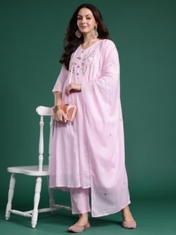 Indo Era - Pink Floral A-Line Kurta With Pant And Dupatta
