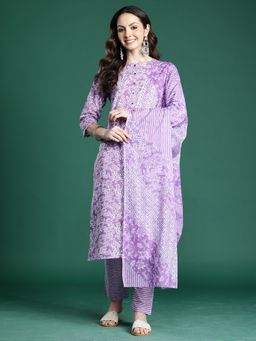 Indo Era - Purple Floral Printed Straight Kurta With Pant And Dupatta